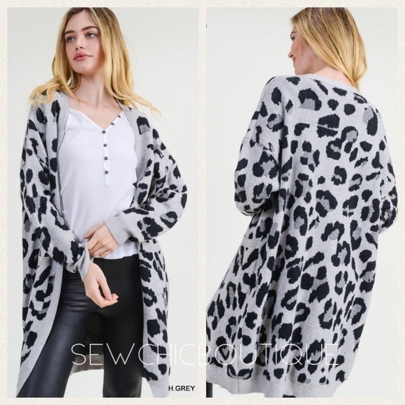 Gray Leopard Print Soft Knit Long Cardigan - Picture 1 of 7